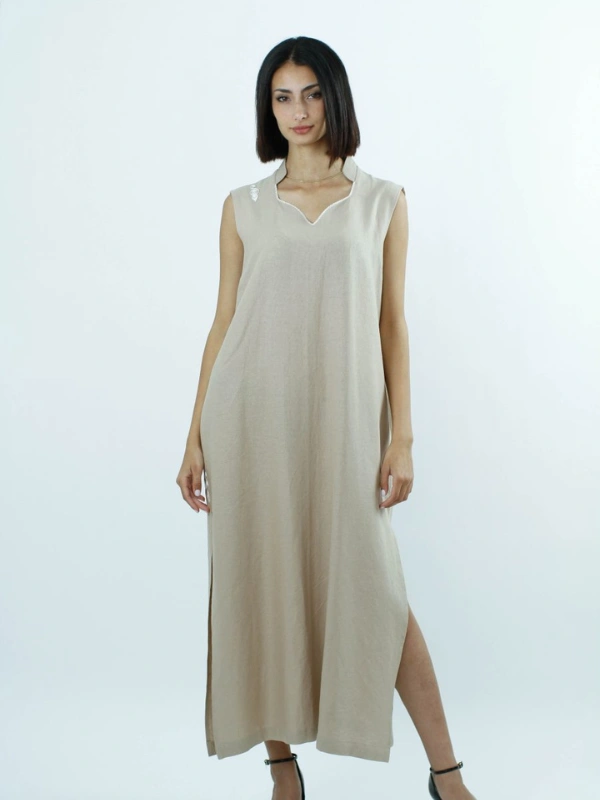 Robe sans manches en Lin Beige avec Grandes Fentes – Image 2