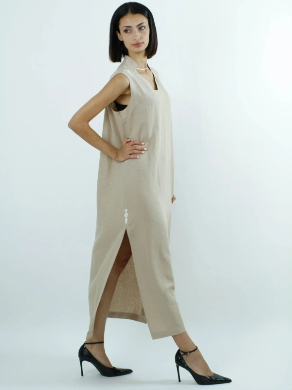 Robe sans manches en Lin Beige avec Grandes Fentes – Image 4